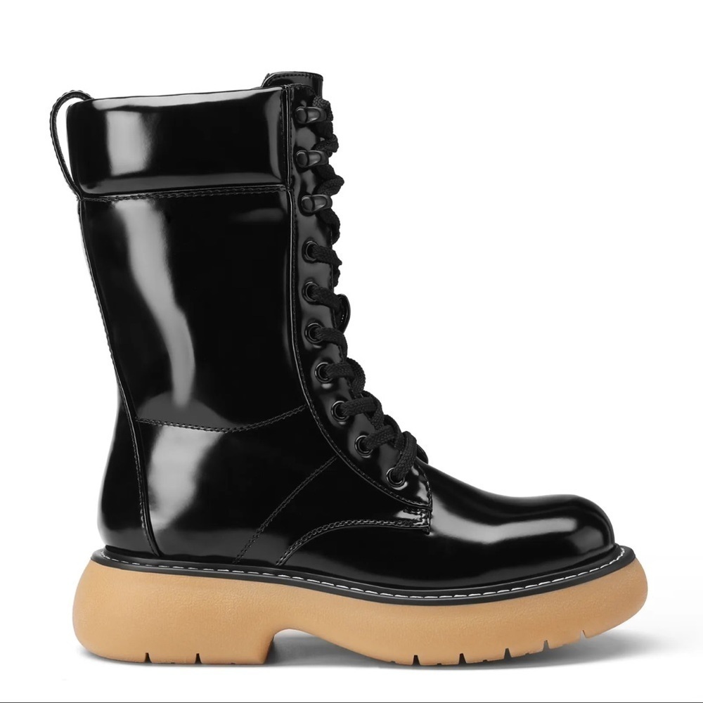 Platform Combat Boots Chunky Lug Sole Lace Up Black Boots Mid Calf Moto New - Picture 5 of 5